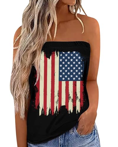 IWOLLENCE Women's 4th Fourth of July Tube Tops 250 Anniversary USA Independence Patriotic Sleeveless Shirts American Flag Graphic Backless Strapless Flowy Bandeau Tanks Coverups Blue Retro Flag, XL