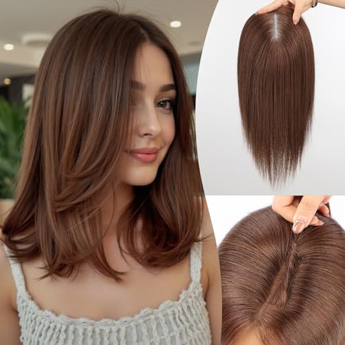 starluck Real Human Hair Toppers 6"x5" SilkHug & Swiss Base (60g) Brown with Thinning Hair Topper no Bangs-14 Inch