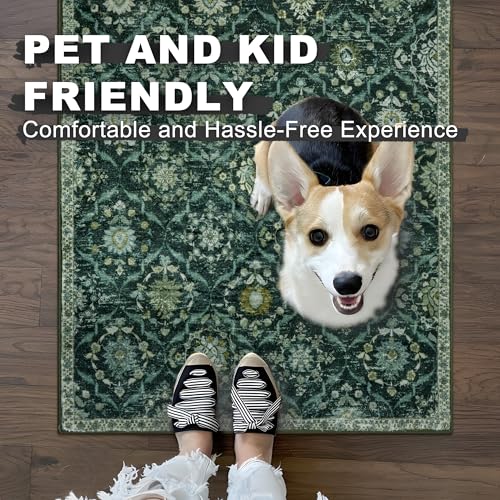 KILOCOCO 2x6 Runner Rug, Moroccan Super Soft Washable Hallway Entryway Runner Rug, Accent Print Faux Wool Kitchen Runner Rug 6 Feet Non-Slip Boho Rug Runner for Laundry Room Bedroom, Dark Green