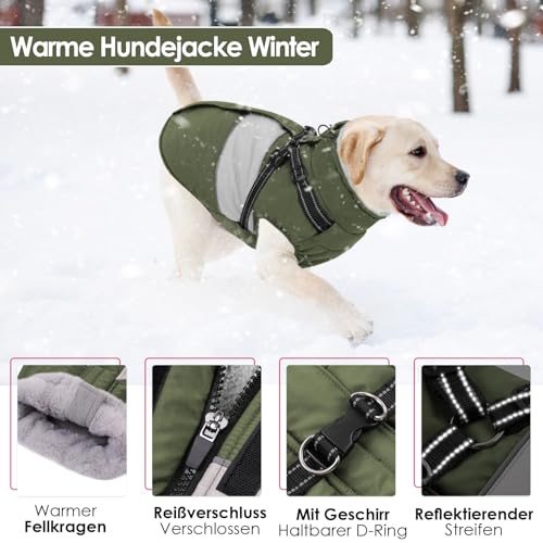 AOFITEE Hundejacke Große Hunde, Wasserdicht Winter Hundemantel mit Geschirr für große Hunde, Warme Hundemantel Hunter Fleece Wintermäntel Hundekleidung Schneeanzug für Französische Bulldogge, Grün L