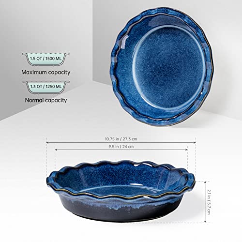 Henxfen Lead Ceramic Pie Pan For Baking - Deep Dish Apple Pie Plate 9.5 Inch, Round Baking Dish For Quiche, Pot Pies - Set Of 2, Reactive Blue #TOP1