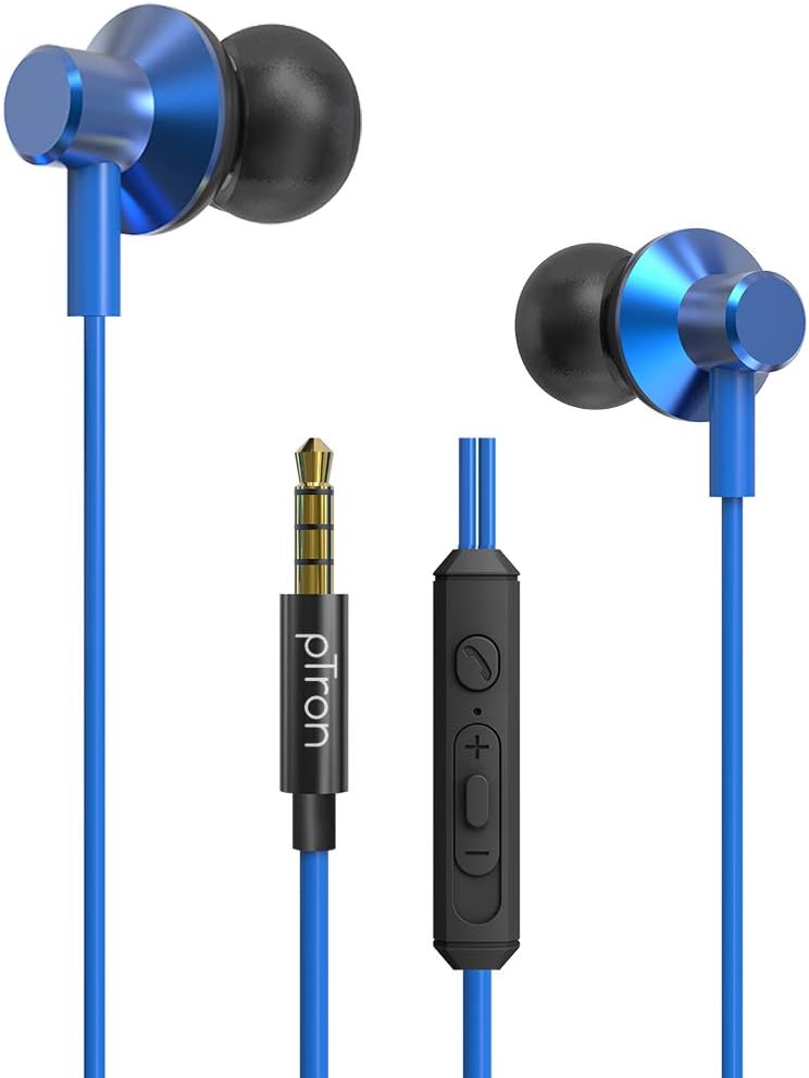 pTron Pride Lite HBE (High Bass Earphones) in Ear Wired Earphones with Mic, 10mm Powerful Driver for Stereo Audio, Noise Cancelling Headset with 1.2m Tangle-Free Cable & 3.5mm Aux - (Blue)
