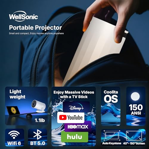 Image of Projector with Screen Mirroring & HDMI Input, Native 720P HD, 150 ANSI Brightness, Auto Keystone, Bluetooth Audio, Manual Focus, Portable Projector for Home Theater