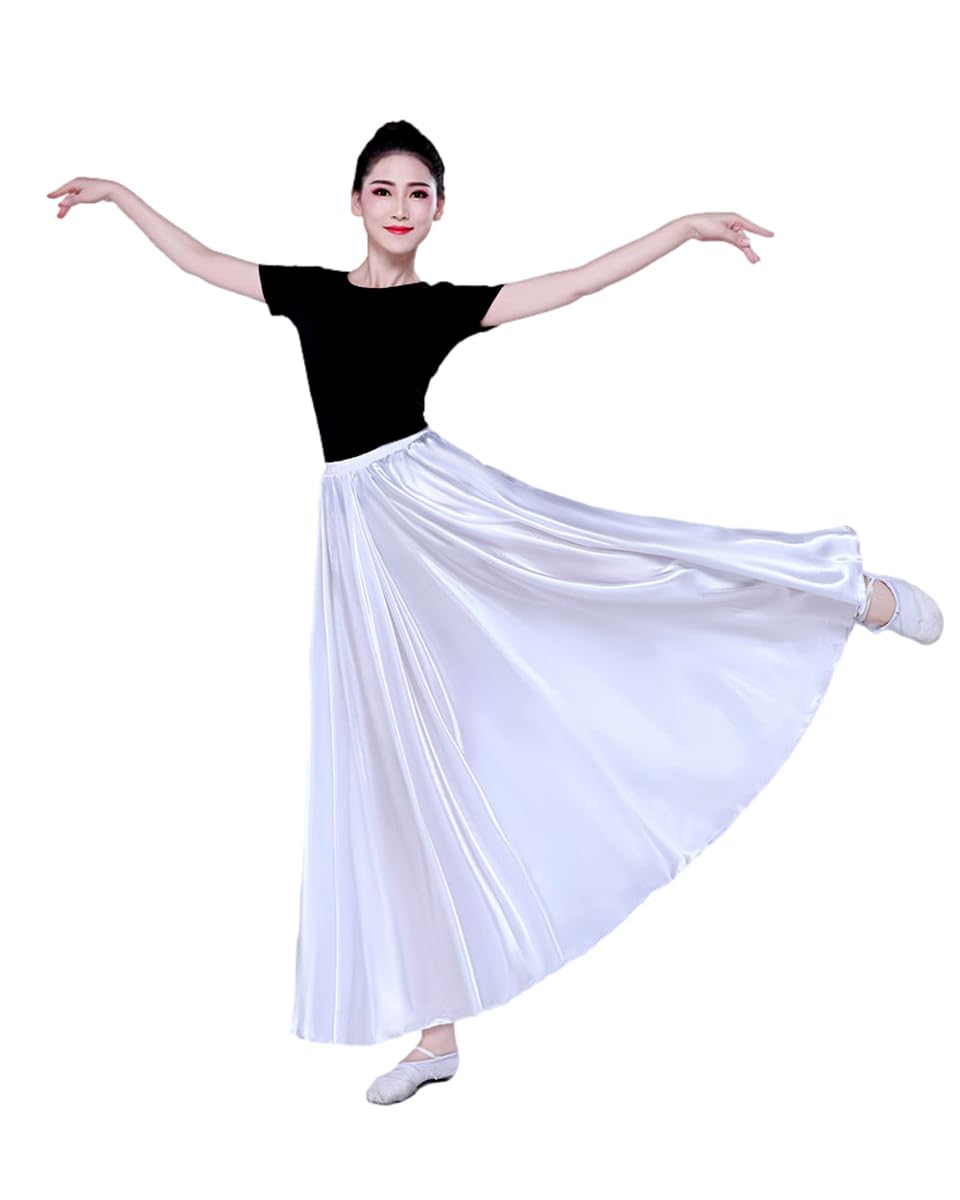 Satin Silk Adult Women Girls motony Long Dance Practice Skirt Full Length Modern Swing Style (Skirt only) (White, M)
