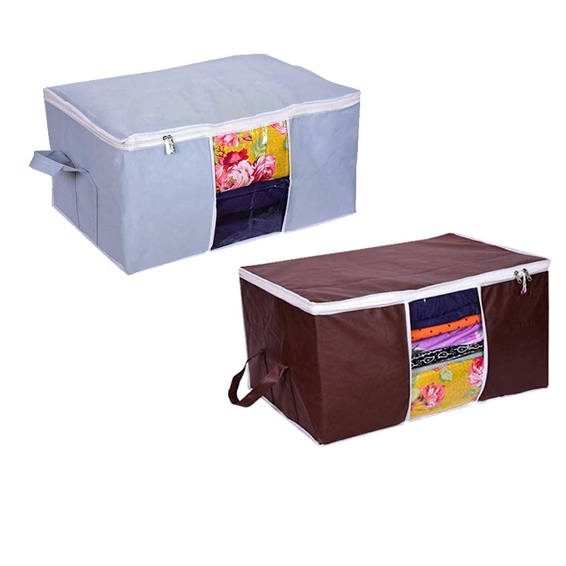 Whitekrafts Underbed Storage Bag, Storage Organizer, Blanket Cover with Side Handles (Set of 2 Pieces) - Brown and Grey-image-5
