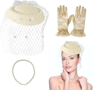 Women's Fascinators Veil and Retro Charming Mesh Hat with Lace Gloves Imitation Pearl Necklace,Suitable for 1920s or 1950s Vintage Tea Party Cocktail Hall Wedding Church Derby Hat Set. Beige