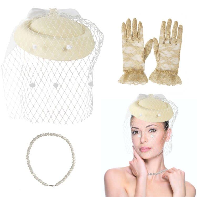 CenbeeWomen's Fascinators Veil and Retro Charming Mesh Hat with Lace Gloves Imitation Pearl Necklace,Suitable for 1920s or 1950s Vintage Tea Party Cocktail Hall Wedding Church Derby Hat Set. Beige