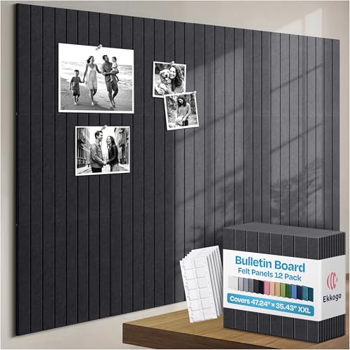 Image of X-Large Cork Board Alternative 12-Pack Felt Bulletin Board Thick and Decorative Pin Board for Home Office Walls 47.24 x 35.43 Inches with 72 Adhesive Tabs - [Dark Gray]