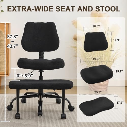 Image of Ergonomic Criss Cross Legged Office Chair, ADHD Chair, Wide Height Adjustable Seat 360 Swivel Footstool with Wheels, PU Leather Meditation Kneeling Chair, for The Restless Home Workers, Black