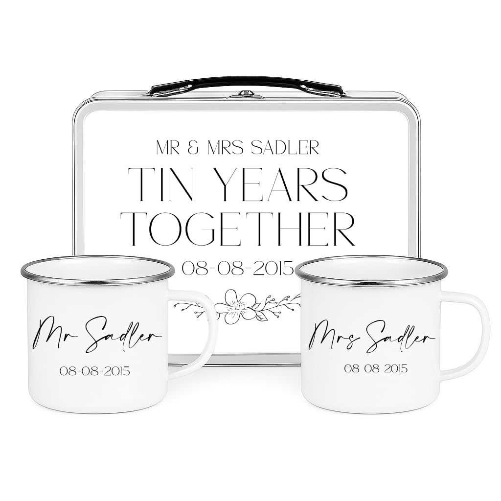 WOWZ DESIGN & PRINT DESIGN LTD Personalised 10th Anniversary Tin Box with Enamel Mug Set – Custom Keepsake for Couples, 10 Year Wedding Present Idea, 10 Year Wedding Idea, Wife tenth