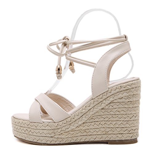 Womens Jute-rope Middle Wedge Heel Summer Shoes Flip Sandals Lace Up2