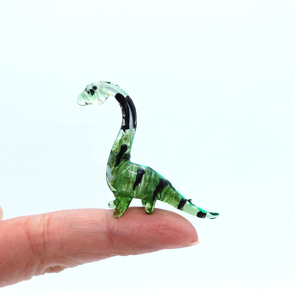 Apatosaurus Micro Tiny Figurines Hand Blown Glass Art Animals Dinosaur Collectible Gift Home Décor (Green Black)