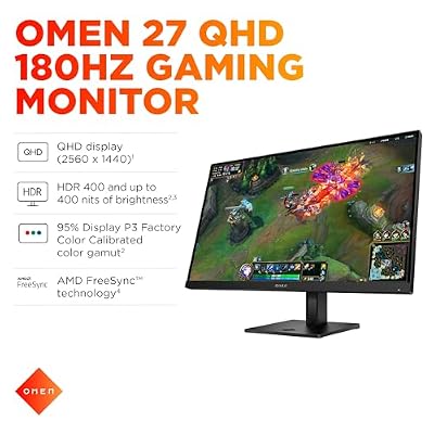HP OMEN 27 inch QHD 180Hz Gaming Monitor, Quad HD Display (2560 x 1440), IPS Panel Technology, HDR 400, 1ms GtG (with Overdrive), AMD FreeSync, Black, 27q G2 (2025)