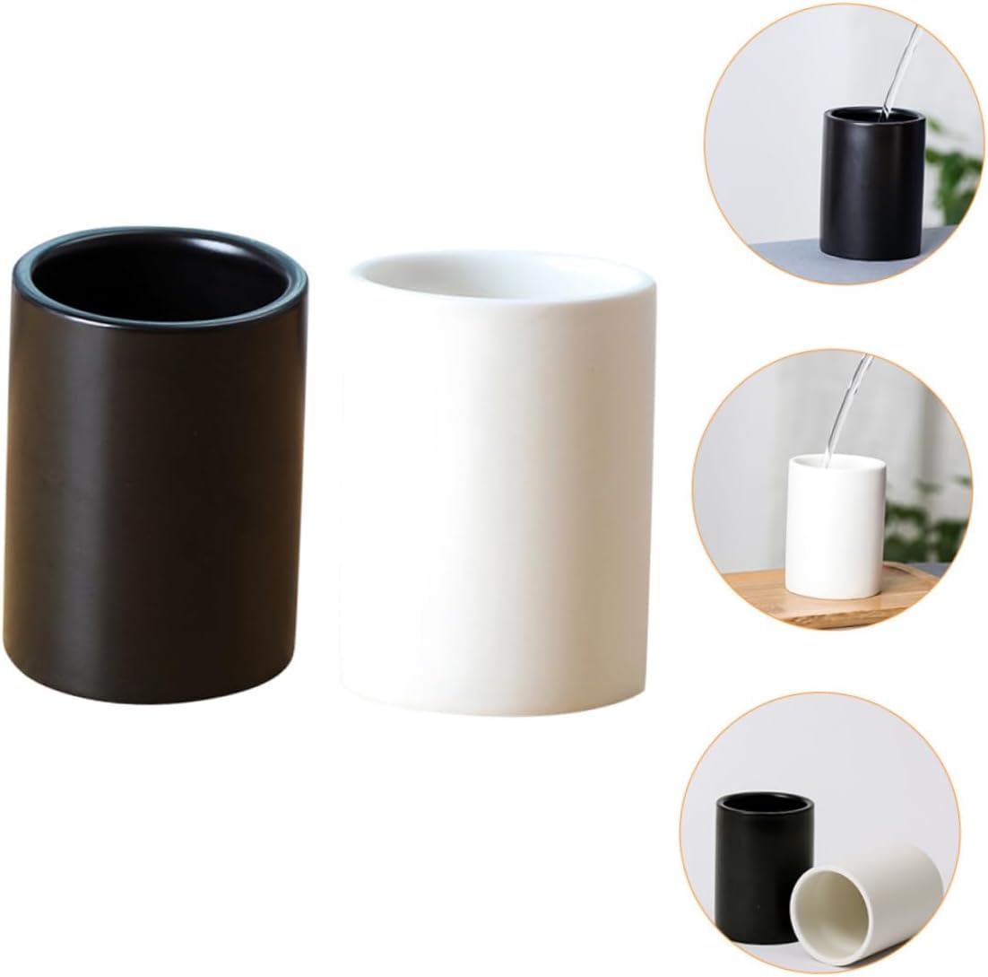 2pcs Multipurpose Ceramic Tea Cups Portable Black and White Mouthwash Cups for Travel for Toothbrush and Toothpaste Storage