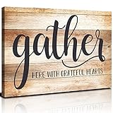 Rustic Kitchen Wall Art Gather Signs for Home Decor Canvas Paintings Inspirational Saying Quotes Poster Picture Wood Grain Sign Prints Artwork: Gather Here With Grateful Hearts 12x16” Ready To Hang