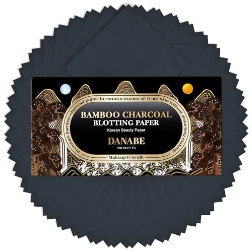 DANABE Bamboo Charcoal Face Oil Blotting Sheets | Bamboo Charcoal Blotting Paper | Korean Skincare Oil Absorbing Sheets for Face | Makeup Friendly Oil Blotting Papers (4x3.6 in. 100 Large Sheets)