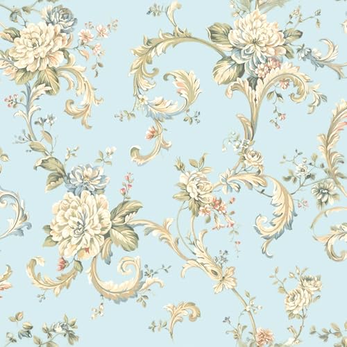 Vintage Floral Peel and Stick Wallpaper for Bedroom - French Textured Damask Removable Self-adhesive Contact Paper 17.7in x 118in Renter Friendly Classic Non-Woven for Living Room Bathroom(Light Blue)
