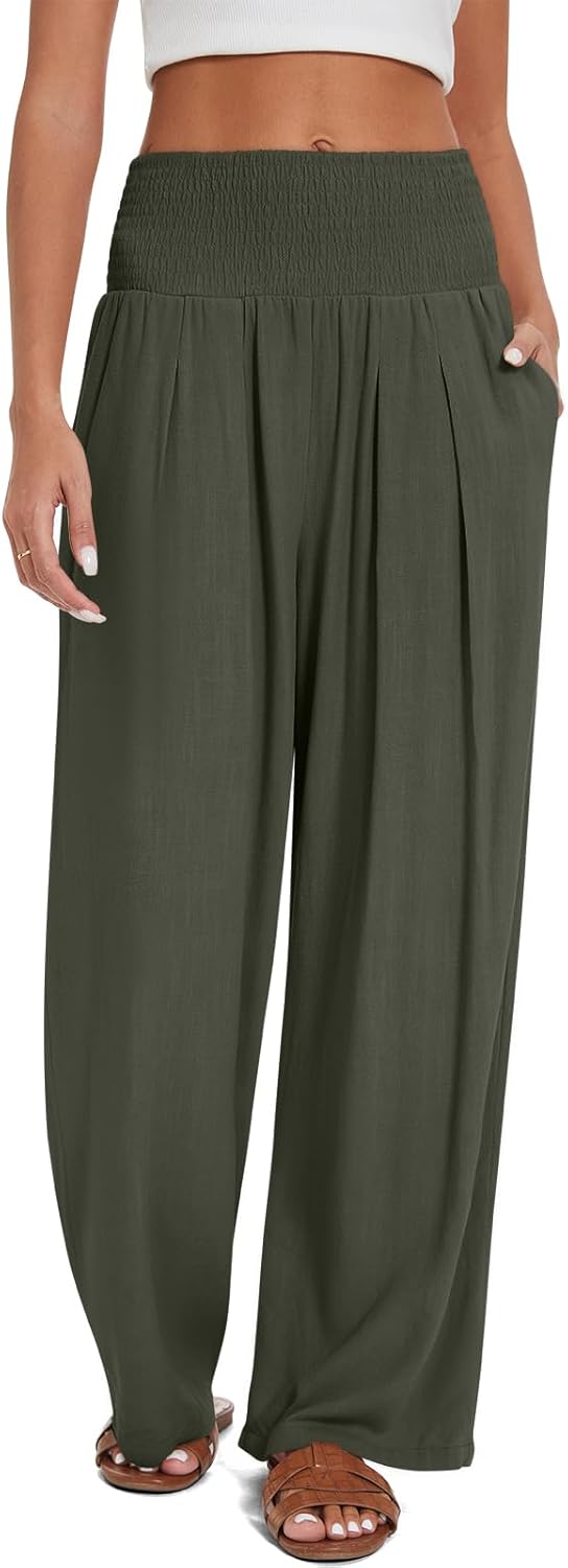 UEU Women's Linen Palazzo Pants Wide Leg High Waisted Lounge Casual Beach Pants with Pockets - Image 2