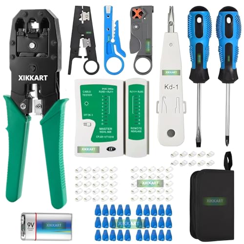 Image of XIKKART Crimping Tool RJ45, Wire Cutter, Tool Kit, Cat5 Cat5e Cat6, 20PCS RJ45 Cat6 Connectors, 20PCS Covers, Network Cable Tester, Wire Punch Down Cutter, Battery, Pass Through Tool kit, Combo Kit