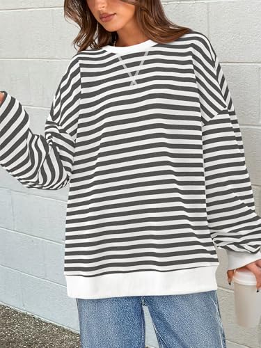 Image of PRETTYGARDEN Womens Striped Oversized Sweatshirt Color Block Crew Neck Long Sleeve Casual Loose Pullover Top Y2K Clothes