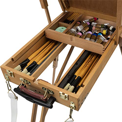 Creative Mark Monet Wooden French Easel & Sketchbox, Lightweight (12 Lbs), Portable, Rolling Wheels, Wood Artist Paint Palette, Telescope Handle, For Outdoor Paintings And Plein Air Up To 32" - Walnut #TOP2