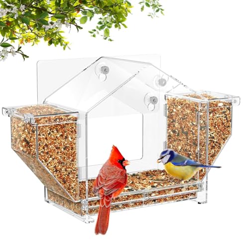 Vogel-Futterspender für Fenster, transparentes Acryl, horizontal, 34 x 20,5 x 10,4 cm, bezauberndes Eichhörnchensicheres Design, Haustierfutter-Aufbewahrungszubehör für Aras, Spatzen