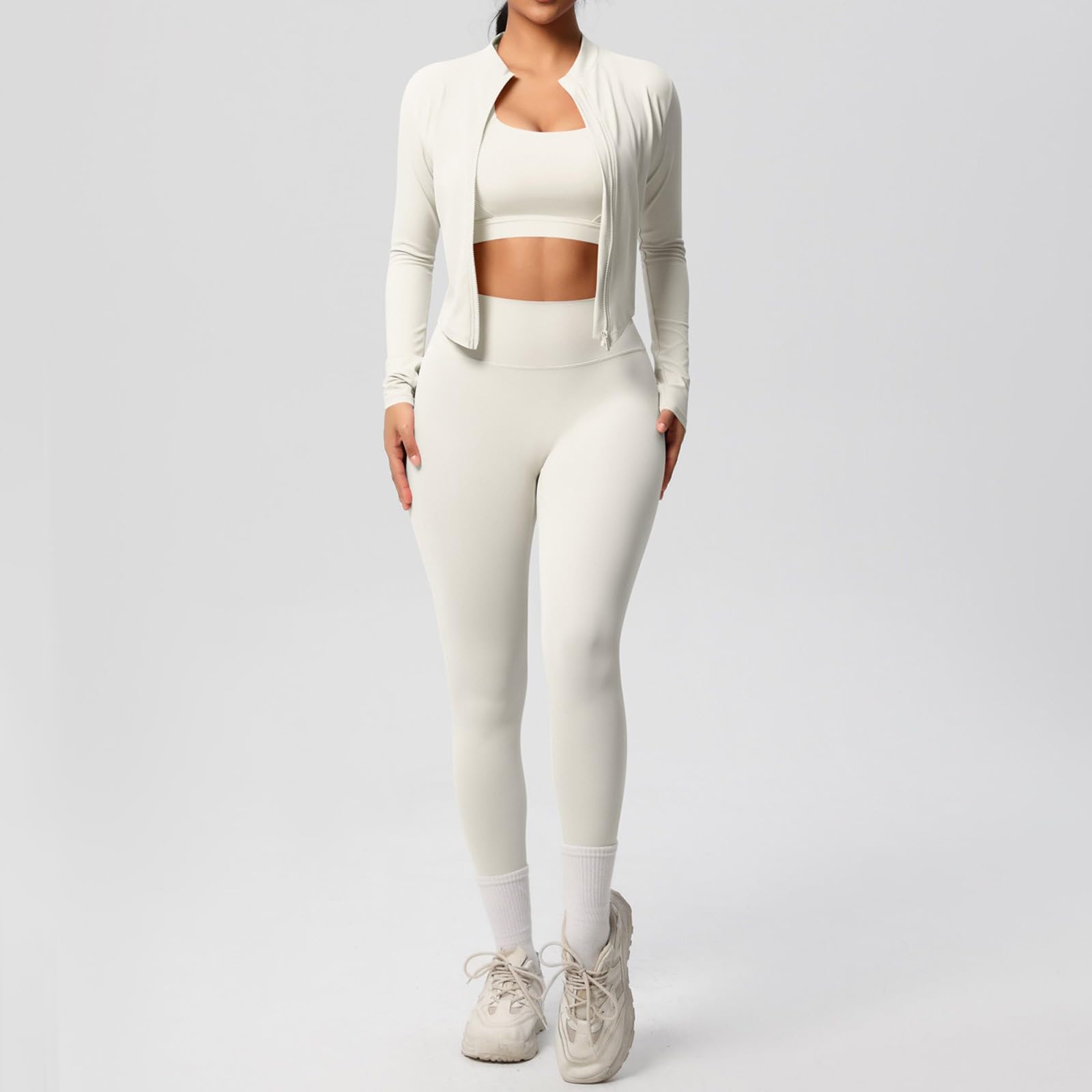 2026 Damen Jogginganzug 3 Stück Einfarbig Slim Fit Crop Top und Langarm Für Laufen Fitness Strickjacke und Leggings Für Yoga, Sport, Sportswear Sets Gymnastik Zuhause