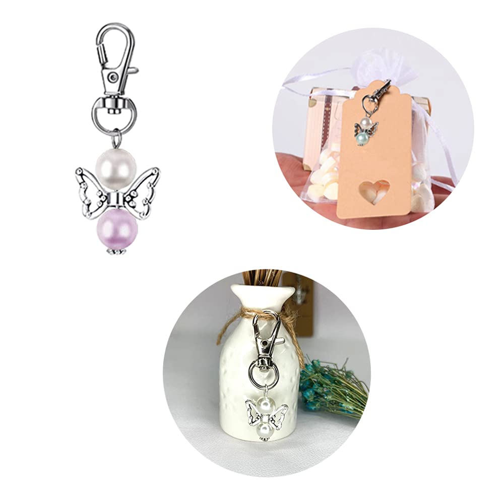 30 Porte-clés Ange Perles Métal - Faveur Mariage, Baptême - Avec Sac Organza Et étiquette Blanche - Cadeau Souvenir