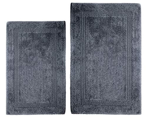 WOVEN ST. Reversible Luxury Cotton Bath Rug Floor mat for Spa Vanity Shower Soft Machine Washable Bath Rug for Bathroom/Kitchen Water Absorbent Bedroom Area Rug (Dark Grey Lewis, 17"x24" + 21"x34")
