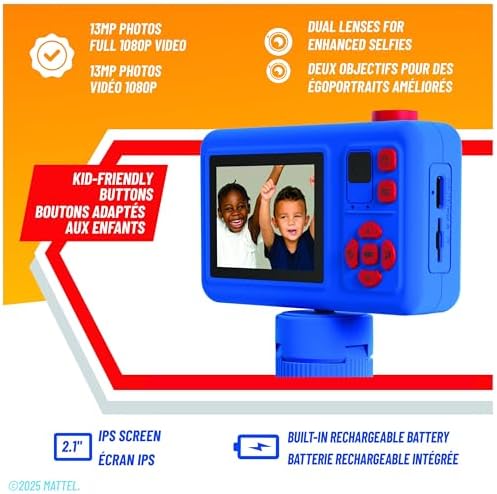 Mattel Hot Wheels Finish Line Kids Camera – Dual Lens Digital Camera (Printing & Selfie Models), 1080P HD Video, Kid-Friendly Design with Fun Filters & Stickers, Age 3+ - 3
