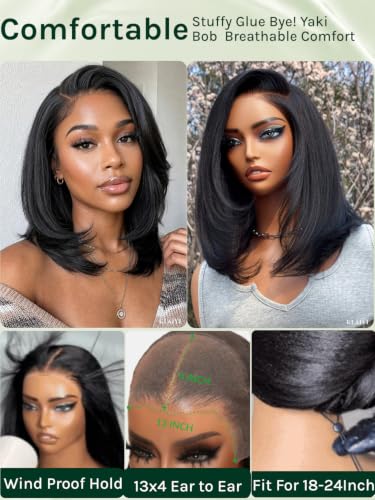 Image of KLAIYI Bye Bye Slip Yaki Straight Bob Wig Human Hair Glueless 13x4Lace Front Wigs Human Hair Drawstring Pre Plucked Bleached Knots Pre Everything 3S Ready to Wear and Go Wig Beginner Friendly 14Inch