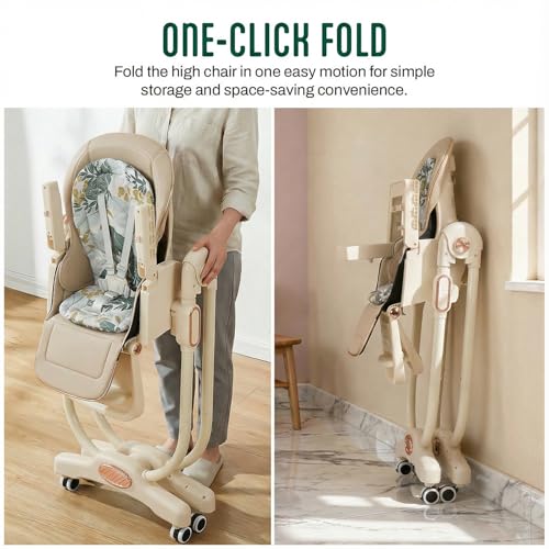 Image of Baybee 3-in-1 Baby High Chair with 4-Level Height Adjustment, Dining, Lounge & Recline Modes, 120-160 Backrest, Adjustable Footrest, One-Click Folding, Detachable Food & Toy Tray, 5-Point Harness & 360 Castor Wheels | Feeding Chair for 6 Months to 5 Years (Beige)
