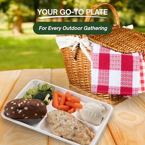 Image of FSE 100% Compostable Paper Plates with 5 Compartments, 8x10 Inch, School Lunch Trays, Heavy Duty Disposable Plates, Eco-Friendly Unbleached Bagasse, Microwave Safe, (Case of 500)