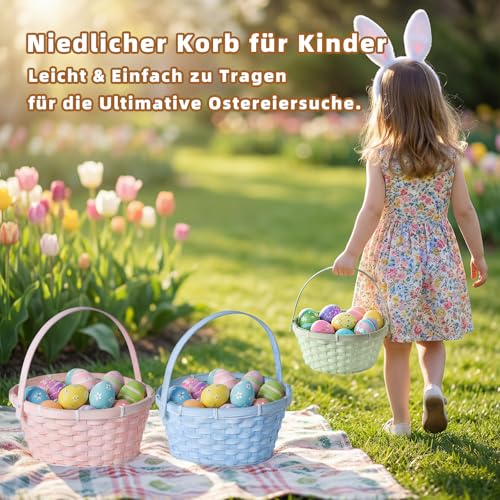 Lanpn Handgefertigte Osterkörbchen mit Henkel 3er Set aus Natur Wicker Baskets Pastellrosa Blau Grün mit Raffia perfekt für Ostereiersuche Süßigkeiten Geschenke Picknick Frühjahrsdekoration