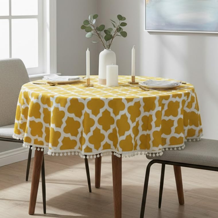 Image of HOMEMONDE Cotton Premium Dining Round Table Cover with White Border Pom-Pom, 45 x 45 Inches Geometric Printed Table Cloth 4 Seater, Round Table Cover - (114x114 CM, Yellow)