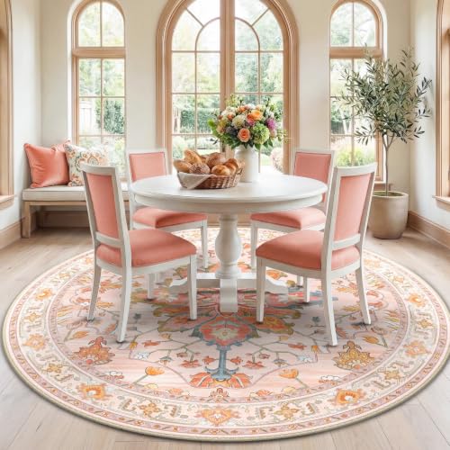 RELEANY Washable Area Rug, Round 7ft, Pink/Light Pink/Colorful