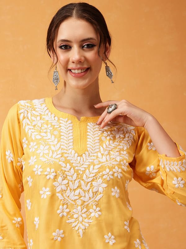 Image of Ada Women's Muslin Straight Fit Tunic Hand Embroidered Lucknowi Chikankari Straight Top Short Kurti A911420