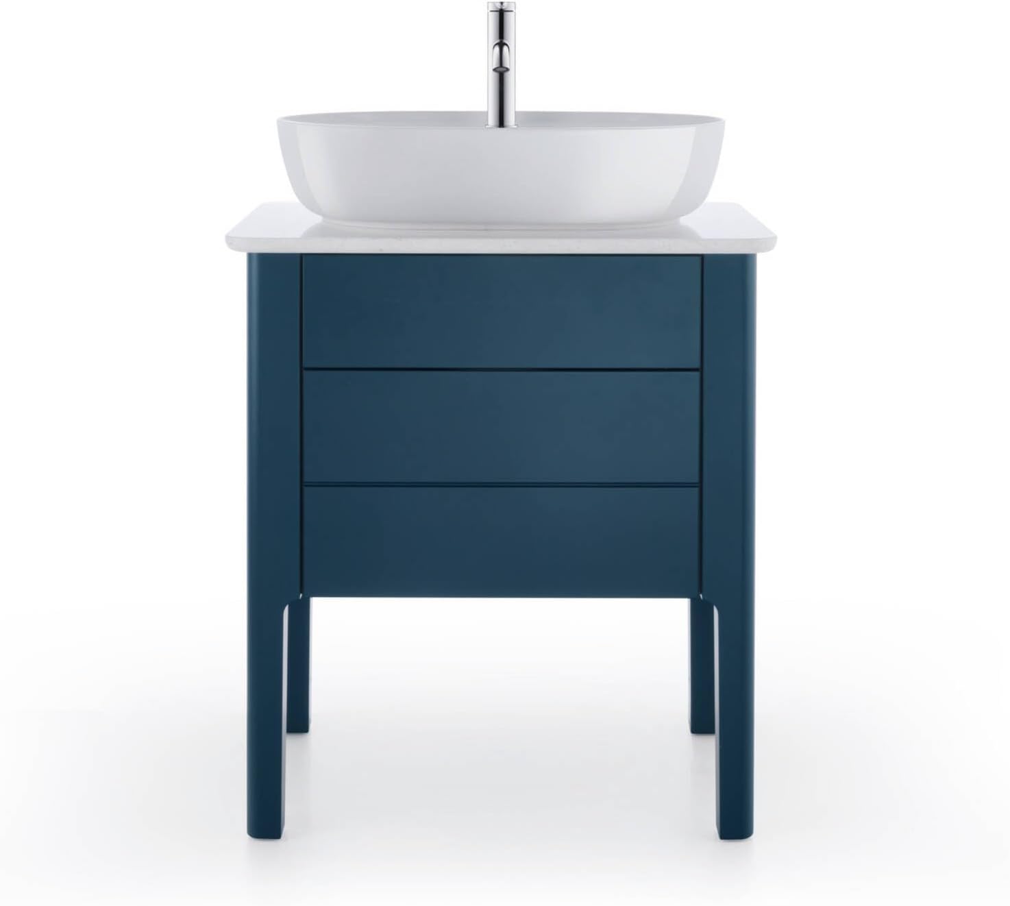 Duravit Luv Washbowl installed on a blue vanity with a single faucet.
