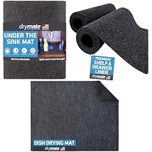 Drymate Shelf & Drawer Liners Size 11"x50" 2-Pack, XL Under Sink Mat Size 24"x59", and Dish Drying Mat Size 19"x24", Matching Charcoal Color, Made from Recycled Content & USA Made, 3 Item Bundle
