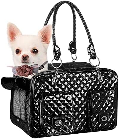 NewEle Fashion Pet Carrier, Small Dog Carrier, Cat Carrier, Quality PU Leather Dog Purse, Collapsible Portable Pet Carrying Handbag for Travel Walking Hiking - Black