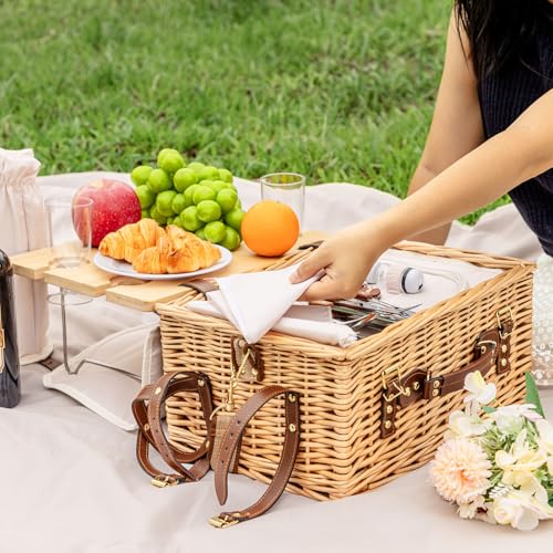 Image of Multifunctional Wicker Picnic Basket Set for 4 Blanket Family Folding Wine Table,Insulated Portable Extra Big Storage Capacity Natural Woven Rattan Canasta De Full Tablewares Camping Outdoor Flowers