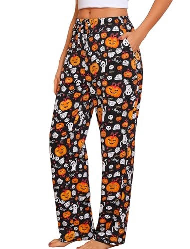 ENJOYNIGHT Womens Pyjama Bottoms Comfy Casual Pajama Trousers Cotton Print Pjs Lounge Pants with Pockets (Medium,Black Pumpkin)