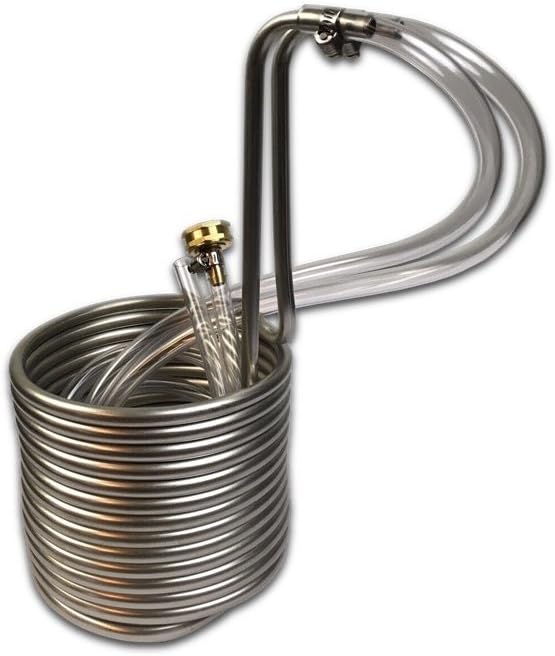 Coldbreak Brewing Equipment CB13825SSV COLDBREAK 25' Wort Chiller, 3/8" Stainless Steel, 4' Vinyl Tubing, Heavy-duty Garden Hose Fitting, Copper