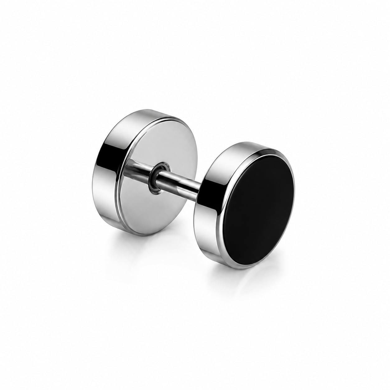 Men's Round Stud Earring, 8mm, Black and Silver Stainless Steel-image-36