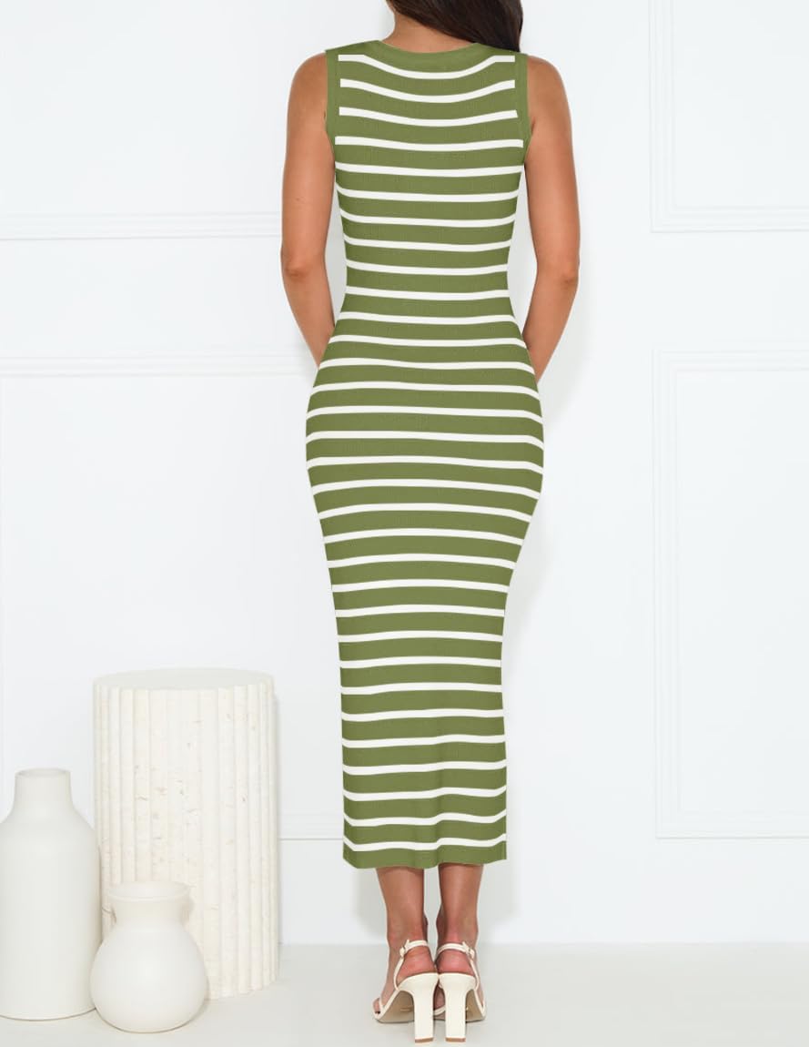 ZESICA Women's Summer Square Neck Bodycon Midi Dresses 2026 Casual Sleeveless Ribbed Knit Striped Beach Vacation Long Dress - Image 4