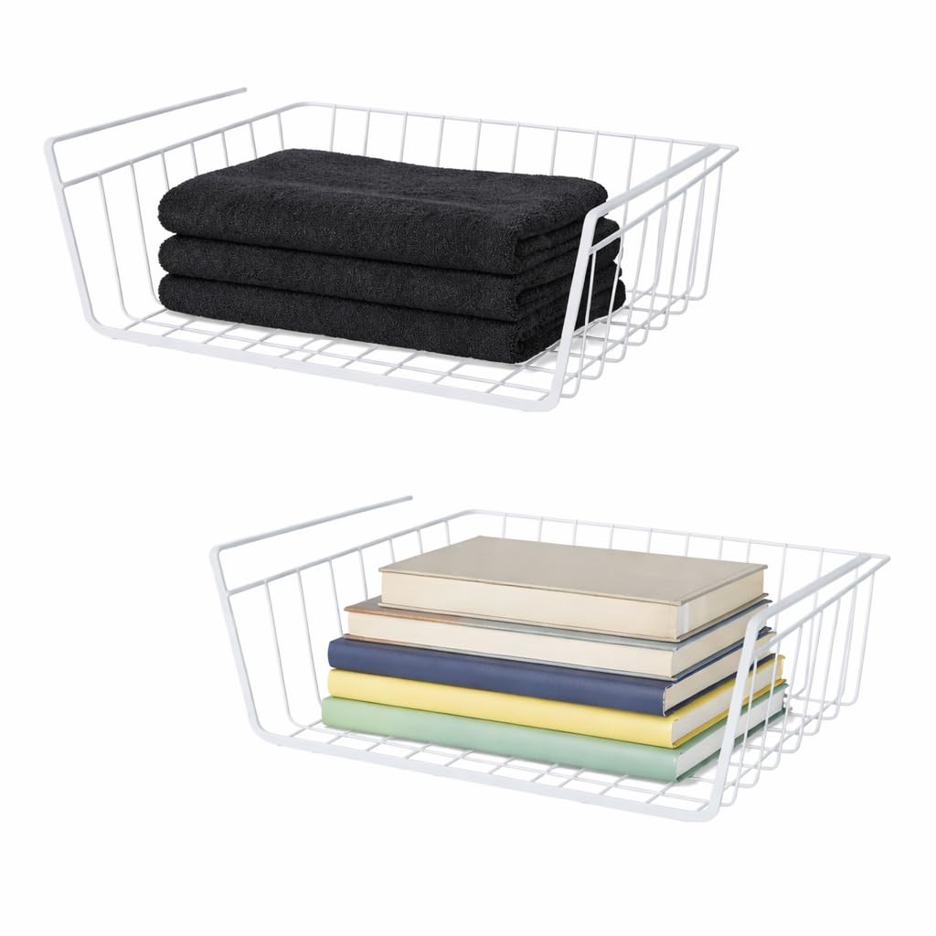 decortwist 16 inch under shelf storage basket – heavy duty metal undershelf organizer for kitchen cabinet, wardrobe & pantry | no drill slide-in under cabinet wire rack (white) pack of 2