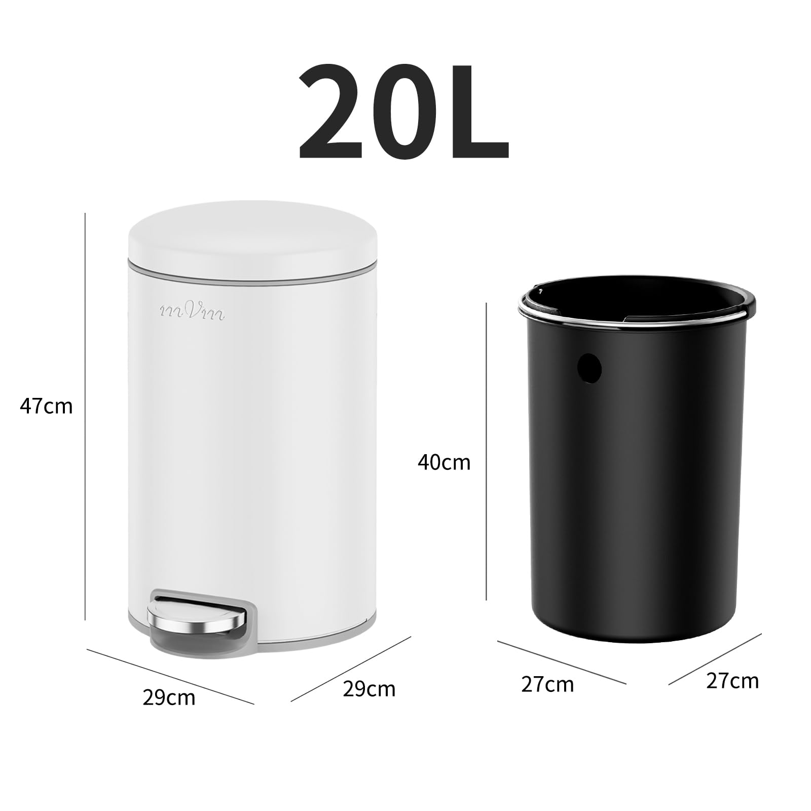 mVm Mülleimer Küche 20L, Mülleimer mit Deckel, Weiß | Soft-Close, Herausnehmbarem Inneneimer, Fingerabdrucksicher & Geruchsdicht, Edelstahl, für Küche, Haus und Büro, Badezimmer