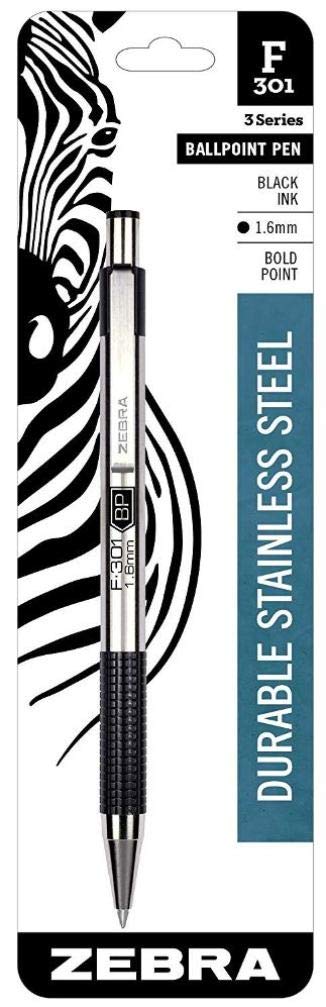 F-301 Retractable Ballpoint Pen, Stainless Steel Barrel, Bold Point, 1.6mm, Black Ink, 1-Pack