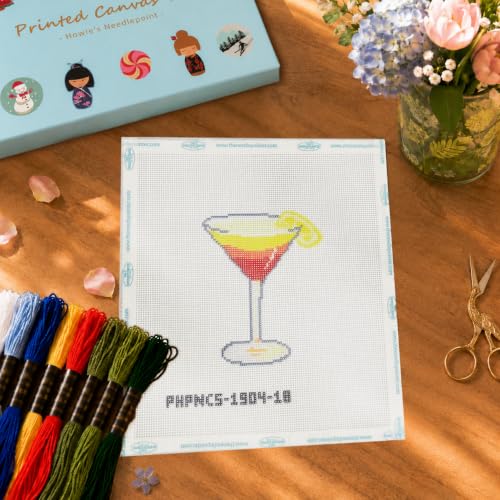 Image of Howie's Needlepoint Drink Needlepoint Kits for Adults & Beginners, 18 Mesh Printed Needlepoint Canvas, Stamped Patterns Canvas Starter Kits(Tequila Sunrise,4 inchx 3 inch)