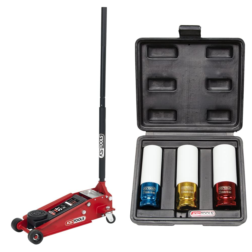KS TOOLS 161.0366 - Cric Hydraulique 3 Tonnes - en Acier de Notre Gamme Formula Lift 3T - Cric Rouleur avec 2 Roues Directionnelles & Jeu de 3 Douilles à Chocs pour Jantes Aluminium, 17, 19, 21 mm